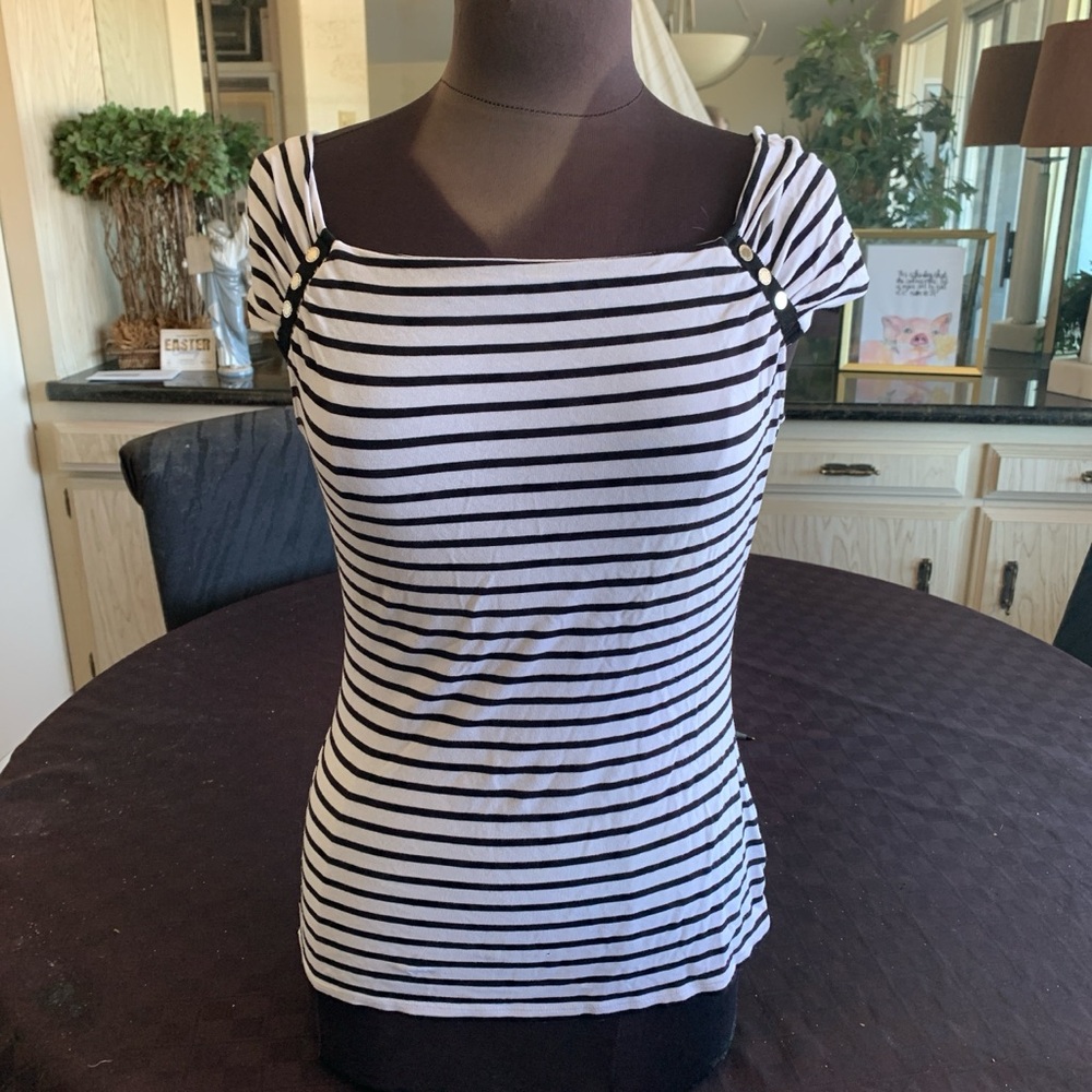 White House Black Market Black and White Striped Square-Neck top silver accents
